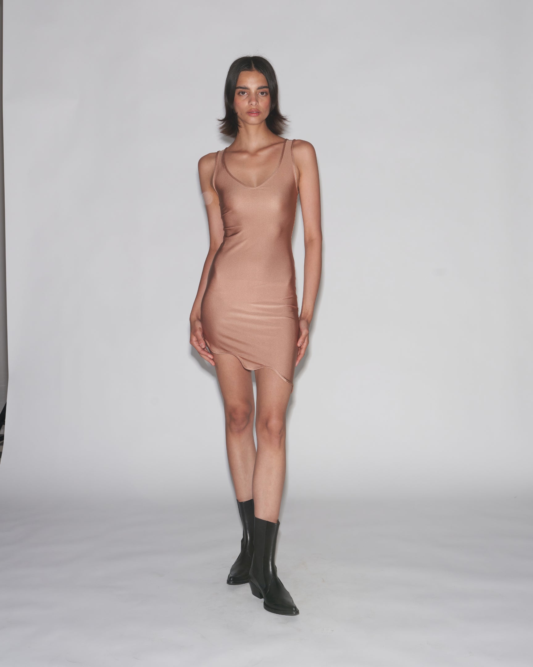 knee length dresses for ladies IRO Paz Short Sleeve Leather Mini Dress in Nude – Order Of Style main image 1